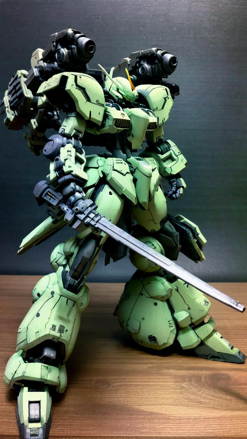 (FRS:1.2), (armored core:0.8), (zeon:0.8),mecha robot, mecha armor, (fighting pose:2), best quality, masterpiece, ultra-detailed, (highly detailed full armor), glowing, (full body:1.2), mechanical parts, robot joints, (Detailed eye description:1.2),(huge mechanical weapon:1.3),(detailed armor description:1.2),(detailed weapon description:1.2),(huge mechanical gun:1.2), (holding huge gun :1.5)<lora:srdxl_v2k:0.4>