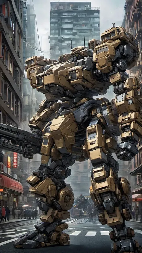(MRS:0.8), mecha robot, mecha armor, full armor,glowing blue eyes, city, (full body:1.2), clenched hand, mechanical parts, robot joints, (very large size mecha:1.5), (huge shield:1.2),best quality, masterpiece, highly detailed, ultra-detailed,(battle-ready:1.2),(powerful stance:1.3),(Detailed eye description:1.2),(huge mechanical weapon:1.3),(detailed armor description:1.2),(detailed shield description:1.2),(detailed weapon description:1.2),(huge mechanical gun:1.2),(holding gun and weapon :1.3) <lora:srdxl_v07ux2:0.8>