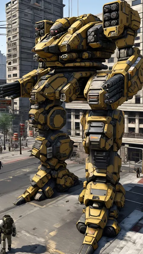 (BATTLETECH:0.8),best quality, masterpiece, ultra-detailed, mecha robot, (city:1.5),(ultra-detailed mecha armor), full armor, (very large size mecha:2.5),glowing eyes, (full body:1.2), (mechanical parts:1), (robot joints:1), (military parts:1.1), (heroic parts:1.1), cable,(huge mechanical weapon:1.2), (detailed weapon description:1.2), (holding weapon and weapon :1.5)<lora:srdxl_v2g:0.8>