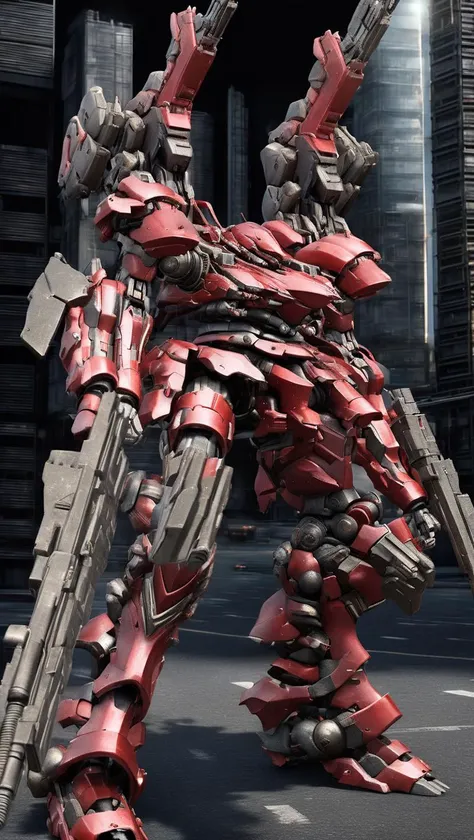(ARMOREDCORE:1.2),best quality, masterpiece, ultra-detailed, mecha robot, (city:1.5),(ultra-detailed mecha armor), full armor, (very large size mecha:2.5),glowing eyes, (full body:1.2), (mechanical parts:1), (robot joints:1), (military parts:1.1), (heroic parts:1.1), cable,(huge mechanical weapon:1.2), (detailed weapon description:1.2), (holding weapon and weapon :1.5)<lora:srdxl_v2g:0.8>