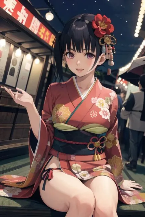 <lora:doa_koharu:0.7> koharu, 1girl, kimono, sittiing, night market