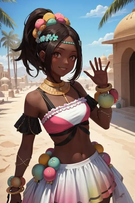 masterpiece, best quality, timerra, hair ornament, multicolored beads, crop top, frilled skirt, bracelet, upper body, standing, desert, sun, palm trees, middle eastern architecture, looking at viewer, (smile:1.3), closed mouth, hand up <lora:timerra-nvwls-v1:0.9>