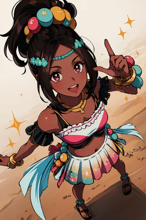 masterpiece, best quality, timerra, hair ornament, multicolored beads, crop top, frilled skirt, bracelet, sandals, desert, standing, (from above:1.4), looking at viewer, smile, open mouth, sparkle in eye, raised arm, finger v <lora:timerra-nvwls-v1:0.9>