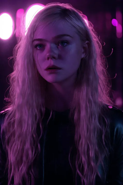 refnstyle,a elle woman with blonde hair standing outdoors,close-up,purple tint and blue tint,at night,dimly lit,dramatic,vibrant,film grain