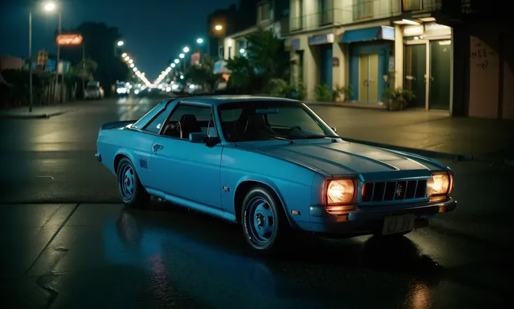 refnstyle, a car high angle shot,in a street,blue tint,dimly lit,dark,at night,dramatic,vibrant,film grain,bokeh
