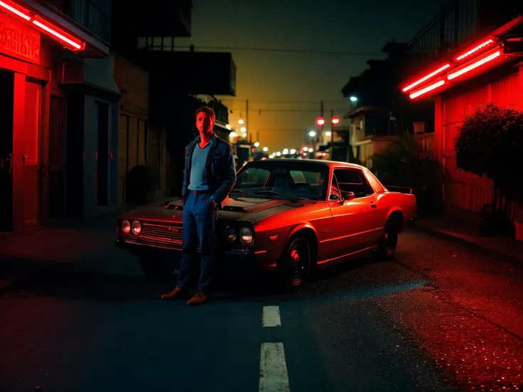 refnstyle,a man standing near a car,in a street,blue tint,red tint,dimly lit,dark,at night,dramatic,vibrant,film grain,bokeh