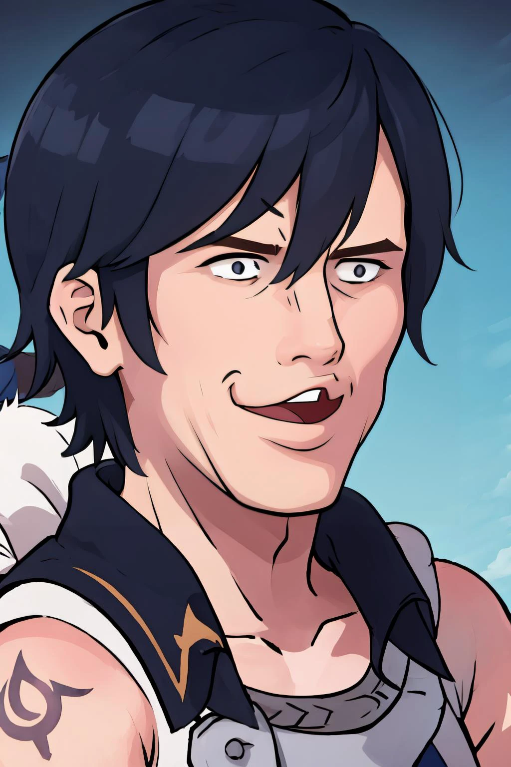 masterpiece, best quality, IncrsNoWayFaq, <lora:NoWayFaqMemeFaceOnly:1.1>, solo, upper body, <lora:fireemblem_chrom_v11:0.8> chrom, tattoo,