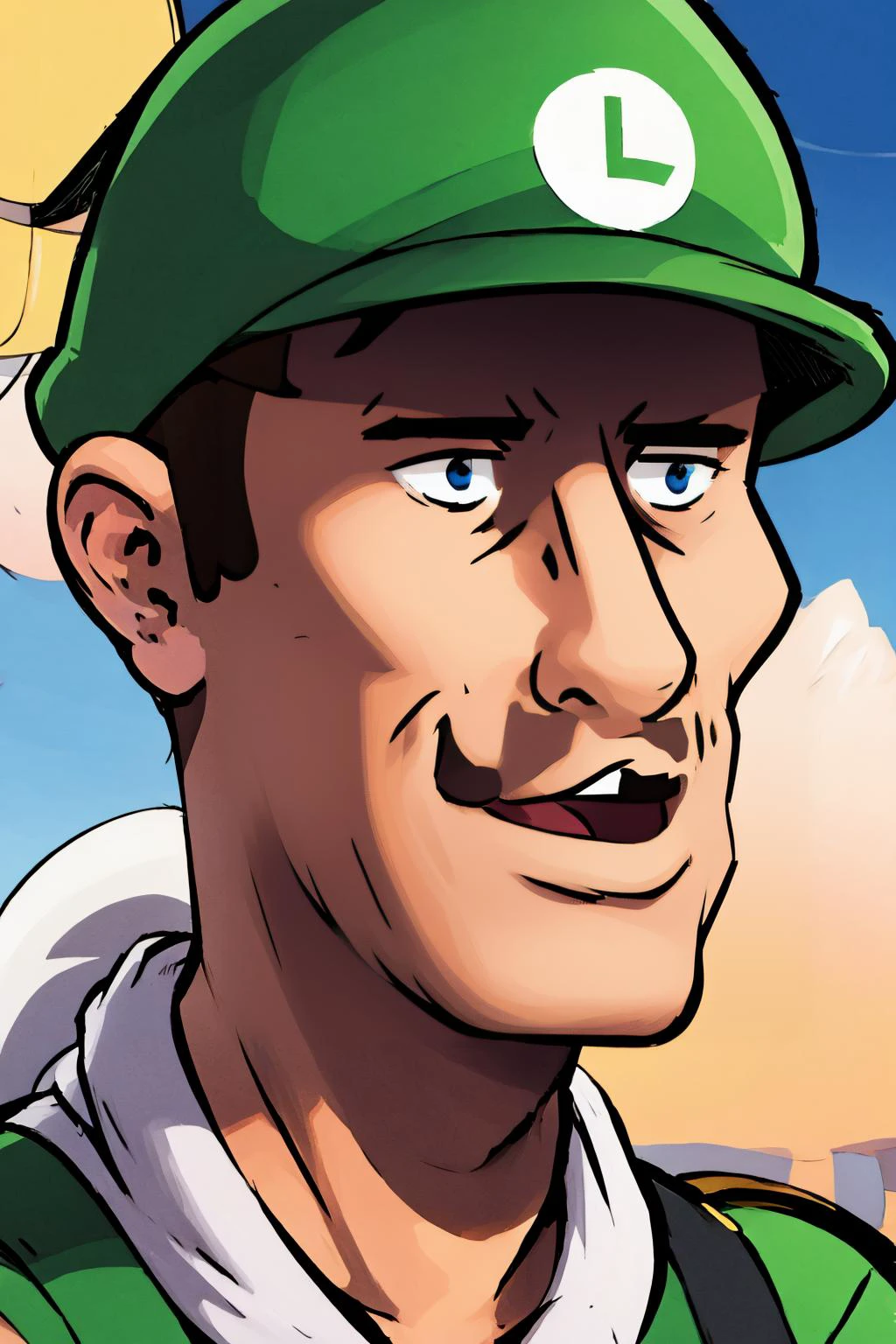 masterpiece, best quality, IncrsNoWayFaq, <lora:NoWayFaqMemeFaceOnly:1.1>, solo, upper body, <lora:Luigi:0.8> Luigi