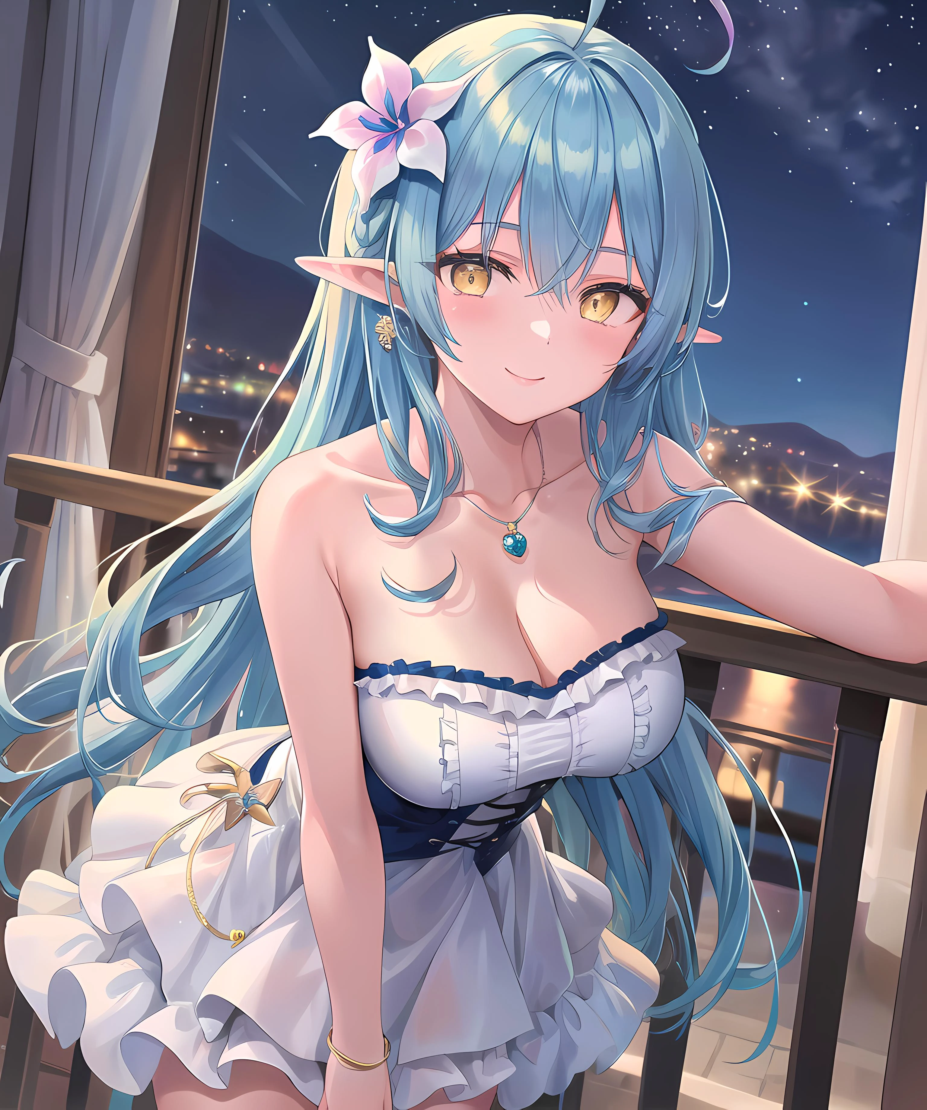 modelshoot style, (masterpiece:1.3), (absurdres:1.3), (best quality:1.3), (ultra-detailed:1.3),(best shadow:0.7), (handled hair), pureerosface_v1, perfect anatomy, 1girl, solo, <lora:vtuberYukihanaLamy_v1:0.5>, large breasts, cleavage, virtual youtuber, yukihana lamy, light blue hair, hair between eyes, yellow eyes, pointy ears, long hair, heart ahoge, hair flower, gradient hair, gradient eyes, sleeveless, strapless dress, strapless, bare shoulders, cleavage, large breasts, sightly smile, pov, facing viewer, look at viewer, from above, close-up, leaning forward viewer, night sky, indoors, jewelry, necklace,