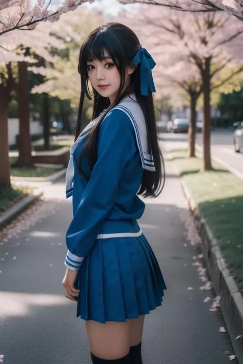ultra-detailed,highly detailed,best quality,masterpiece,illustration,
honda tohru, 1girl, solo, cosplay, school uniform,
hair ribbon,blue serafuku, long sleeves, pleated skirt,white sailor collar,black kneehighs, loafers, 
long hair, sidelocks,
photo background, looking at viewer, dynamic pose, cowboy shot, 
outdoors, park, cherry blossoms, 
<lora:honda tohru_v1_03:0.8>