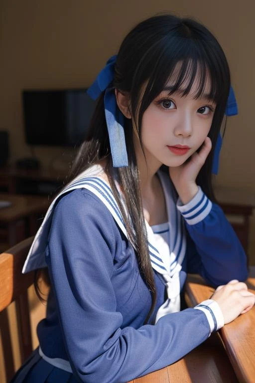 ultra-detailed,highly detailed,best quality,masterpiece,illustration,
honda tohru, 1girl, solo, cosplay, school uniform,
hair ribbon,blue serafuku, long sleeves, pleated skirt,white sailor collar,
long hair, sidelocks,
photo background, indoors, looking at viewer, upper body,
<lora:honda tohru_v1_03:0.7>