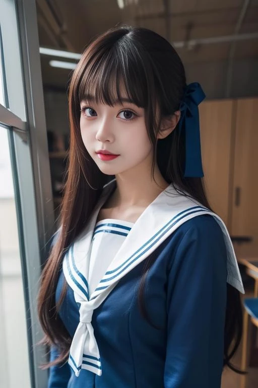 masterpiece, best quality, 8k, official art, raw photo, incredibly absurdres, beautiful girl, pretty face, (sitting, upper body, sailor uniform, serafuku,:1.2), school uniform, shirt, looking at viewer, close up, , classroom, bow tie, navy pleated skirt, ultra realistic, highres, photography, film grain, chromatic aberration, sharp focus, facelight, dynamic lighting, cinematic lighting, highest detailed, extreme detailed, ultra detailed, finely detail, extremely detailed eyes and face