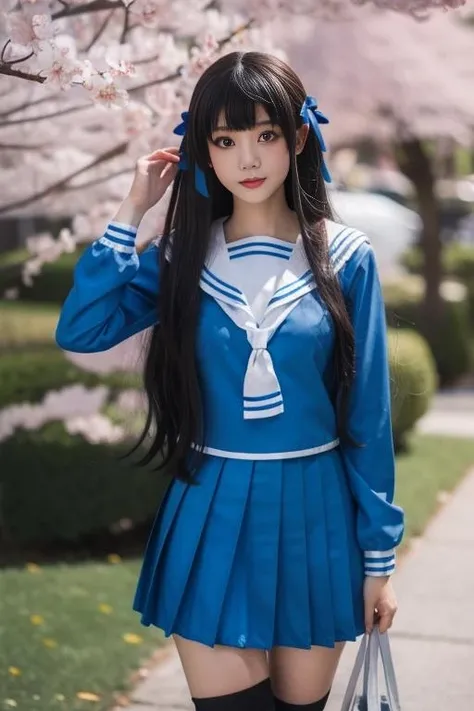 ultra-detailed,highly detailed,best quality,masterpiece,illustration,
honda tohru, 1girl, solo, cosplay, school uniform,
hair ribbon,blue serafuku, long sleeves, pleated skirt,white sailor collar,black kneehighs, loafers, 
long hair, sidelocks,
photo background, looking at viewer, dynamic pose, cowboy shot, 
outdoors, park, cherry blossoms, 
<lora:honda tohru_v1_03:0.8>