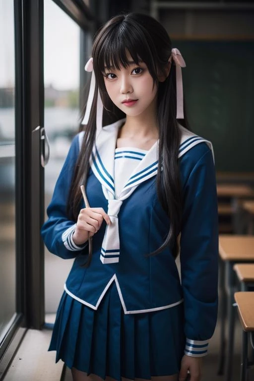 super detailed,very detailed,highest quality,masterpiece,figure,Toru Honda, 1 girl, alone, cosplay, school uniform, hair ribbon,blue seraph, long sleeve, pleated skirt,white sailor collar, long hair, side lock, photo background, indoors, looking at the viewer, Upper body, big breasts
 