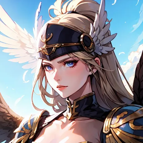 (masterpiece:1.2, best quality), Valkyrie_Randgris , battle, blue sky, clouds, feathers flying, closeup, perfect face<lora:ValkyrieRandgris-000009:0.69>