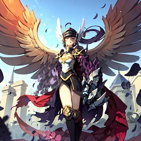 (masterpiece:1.2, best quality), Valkyrie_Randgris , battle, blue sky, clouds, feathers flying, piercing foes, epic, fierce, cinematic, dramatic, sunlight <lora:ValkyrieRandgris-000009:0.69>