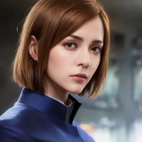 1girl, portrait of beautiful NobaraJK, (school_school_blue uniform), closed_mouth, frown, volumetric lighting, best quality, masterpiece, intricate details, tonemapping, sharp focus, hyper detailed, trending on Artstation, realistic, <lora:nobaraJujutsuKaisen_v1:1>