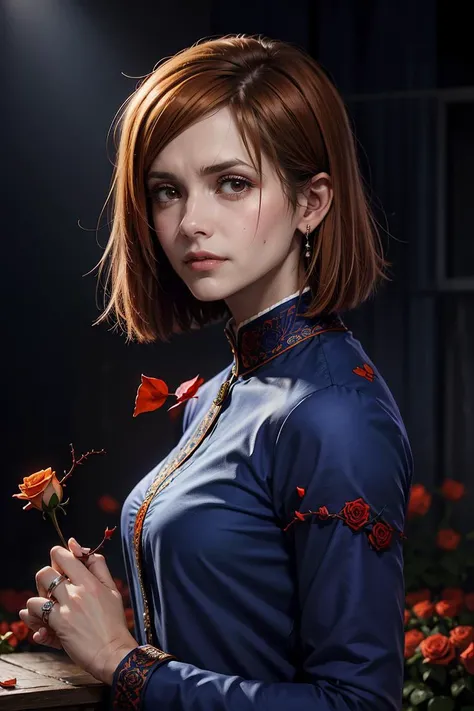 1girl,portrait of beautiful NobaraJK,<lora:nobaraJujutsuKaisen_v1:1>,
a sad expression on his face,eyebrows drawn together,gaze lowered,the corners of his lips lowered,
(school_school_blue uniform),
(brown eyes, brown | orange hair, square, straight hair:1.4),(drawing of roses on the cheek, rose petals, rose thorns:1.5),(evil:1.5),