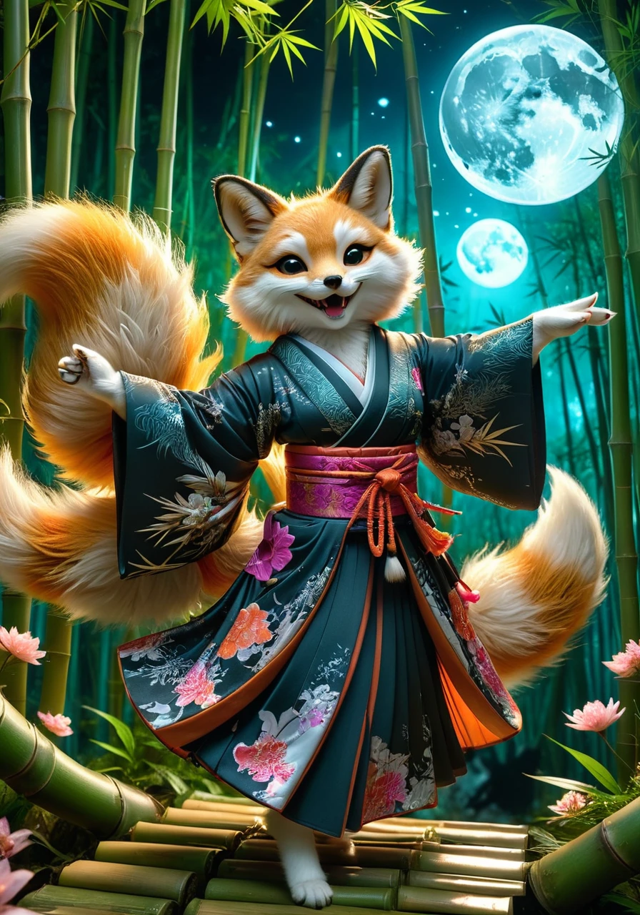 kitsune geisha dancing under the moonlight in bamboo forest, flowers in the air repeating her moves flying in mandelbulb flocks, 8k, tonemapped, cinematic volumetric light, perfect Rembrandt contrast <lora:xl_more_art-full_v1:0.5>, <lora:!action-sdxl-V0.5:1> zdyna_pose, <lora:kitsune-sdxl:0.5> kitsune