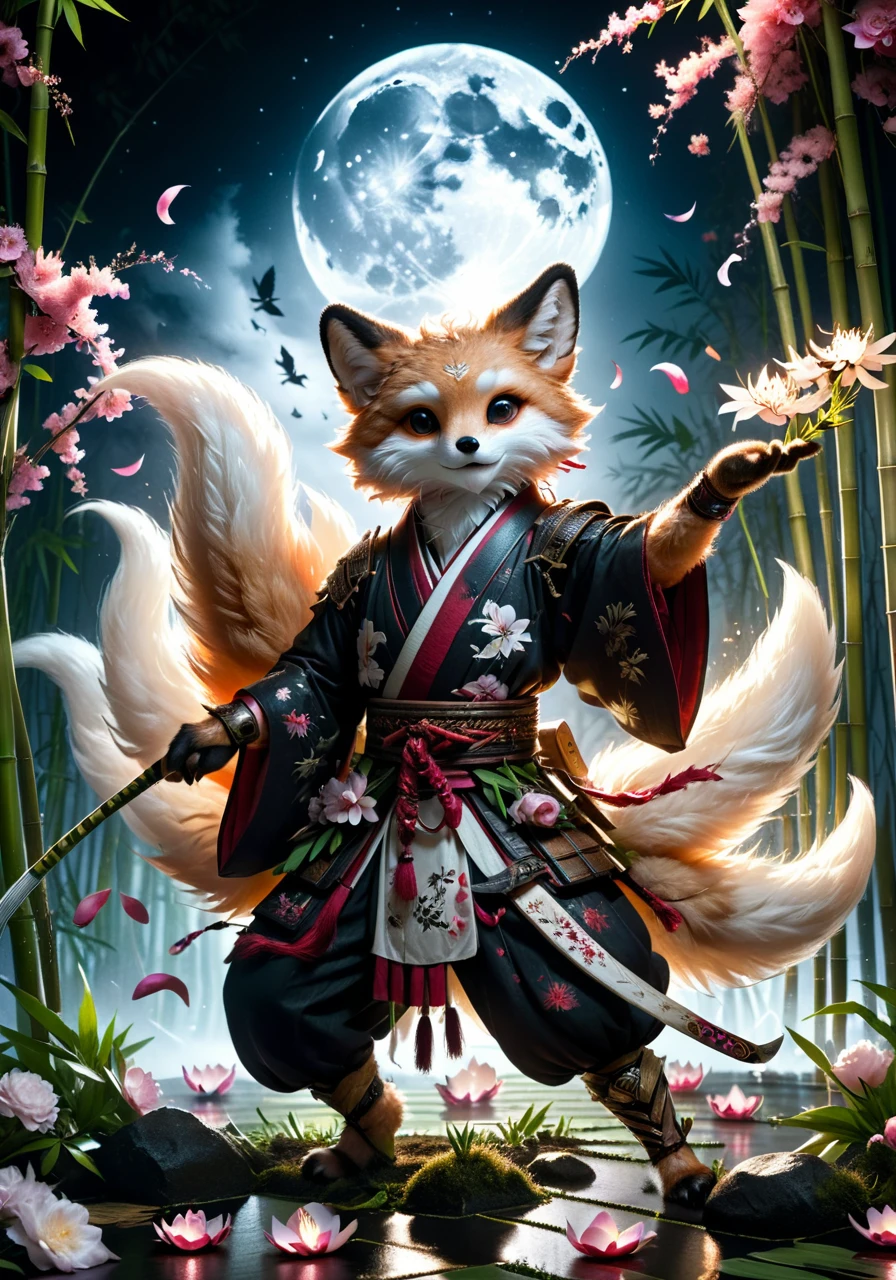Dark Fantasy Art of macabre, hyper realistic masterpiece photo of kitsune warrior dancing under the moonlight in bamboo, ( flowers petals flying in the air:2.0), 8k, tonemapped, cinematic, volumetric light, perfect Rembrandt contrast <lora:xl_more_art-full_v1:0.5> <lora:kitsune-sdxl:0.75>, analog photo, dark art by Nicola Samori, by Conor Harrington, by john Wilhelm, dark, moody, dark fantasy style