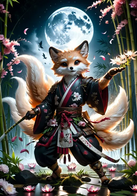 Dark Fantasy Art of macabre, hyper realistic masterpiece photo of kitsune warrior dancing under the moonlight in bamboo, ( flowers petals flying  in the air:2.0), 8k, tonemapped, cinematic,  volumetric light, perfect Rembrandt contrast <lora:xl_more_art-full_v1:0.5> <lora:kitsune-sdxl:0.75>, analog photo, dark art by Nicola Samori,  by Conor Harrington, by john Wilhelm, dark, moody, dark fantasy style