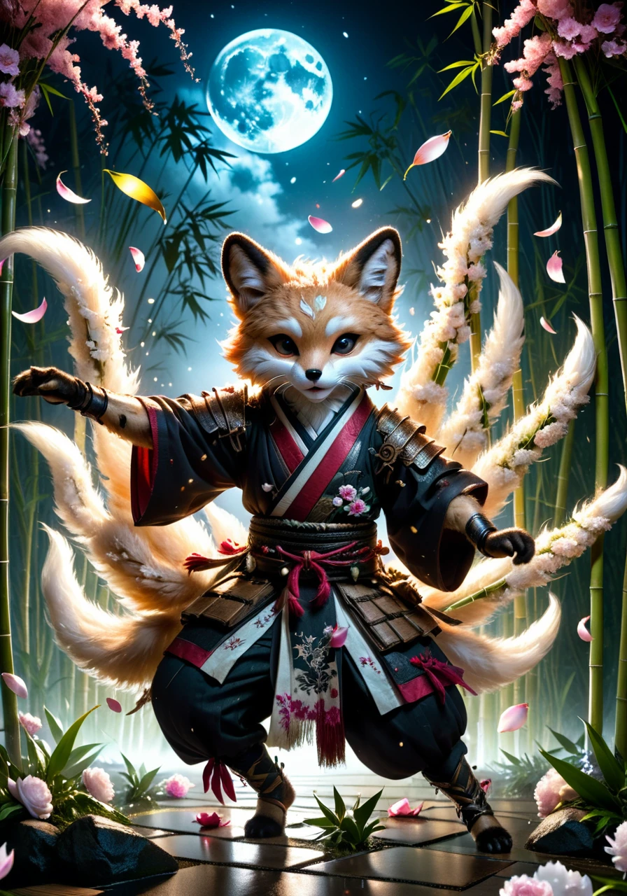 Dark Fantasy Art of macabre, hyper realistic masterpiece photo of kitsune warrior dancing under the moonlight in bamboo, ( flowers petals flying in the air:2.0), 8k, tonemapped, cinematic, volumetric light, perfect Rembrandt contrast <lora:xl_more_art-full_v1:0.5> <lora:kitsune-sdxl:0.75>, analog photo, dark art by Nicola Samori, by Conor Harrington, by john Wilhelm, dark, moody, dark fantasy style