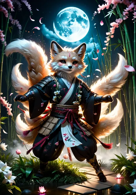 Dark Fantasy Art of macabre, hyper realistic masterpiece photo of kitsune warrior dancing under the moonlight in bamboo, ( flowers petals flying in the air:2.0), 8k, tonemapped, cinematic, volumetric light, perfect Rembrandt contrast <lora:xl_more_art-full_v1:0.5> <lora:kitsune-sdxl:0.75>, analog photo, dark art by Nicola Samori, by Conor Harrington, by john Wilhelm, dark, moody, dark fantasy style