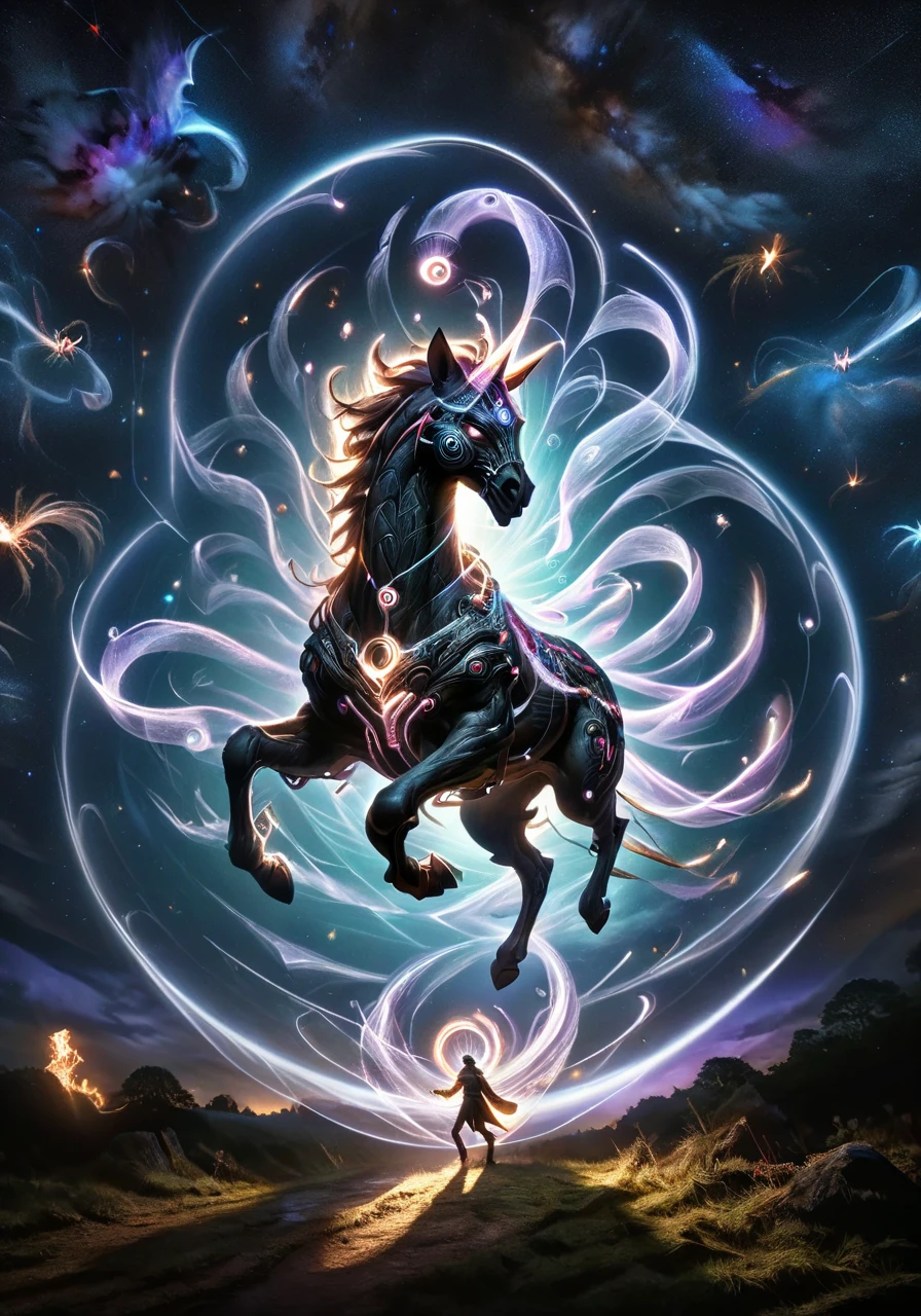 Dark Fantasy Art of macabre, hyper realistic masterpiece photo, spectral steed running though Bifrost in galaxy space, 8k, tonemapped, cinematic, volumetric light, perfect Rembrandt contrast <lora:xl_more_art-full_v1:0.5> <lora:kitsune-sdxl:0.75>, analog photo, dark art by Nicola Samori, by Conor Harrington, by john Wilhelm <lora:ral-exposure-sdxl:1> ral-exposure, dark, moody, dark fantasy style