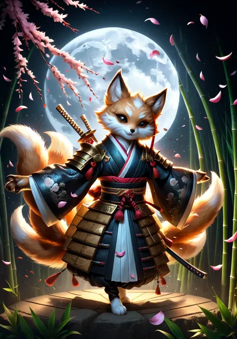 Dark Fantasy Art of macabre, hyper realistic masterpiece photo of kitsune samurai dancing under the moonlight in bamboo, ( flowers petals flying  in the air:2.0), 8k, tonemapped, cinematic,  volumetric light, perfect Rembrandt contrast <lora:xl_more_art-full_v1:0.5> <lora:kitsune-sdxl:0.75>, analog photo, dark art by Nicola Samori,  by Conor Harrington, by john Wilhelm, dark, moody, dark fantasy style