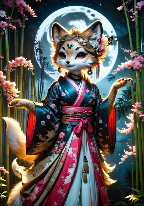 macabre, hyper realistic masterpiece photo of kitsune geisha dancing under the moonlight in bamboo, ( flowers in the air:2.0), 8k, tonemapped, cinematic,  volumetric light, perfect Rembrandt contrast <lora:xl_more_art-full_v1:0.5> <lora:kitsune-sdxl:1>, analog photo, dark art by Nicola Samori,  by Conor Harrington, by john Wilhelm