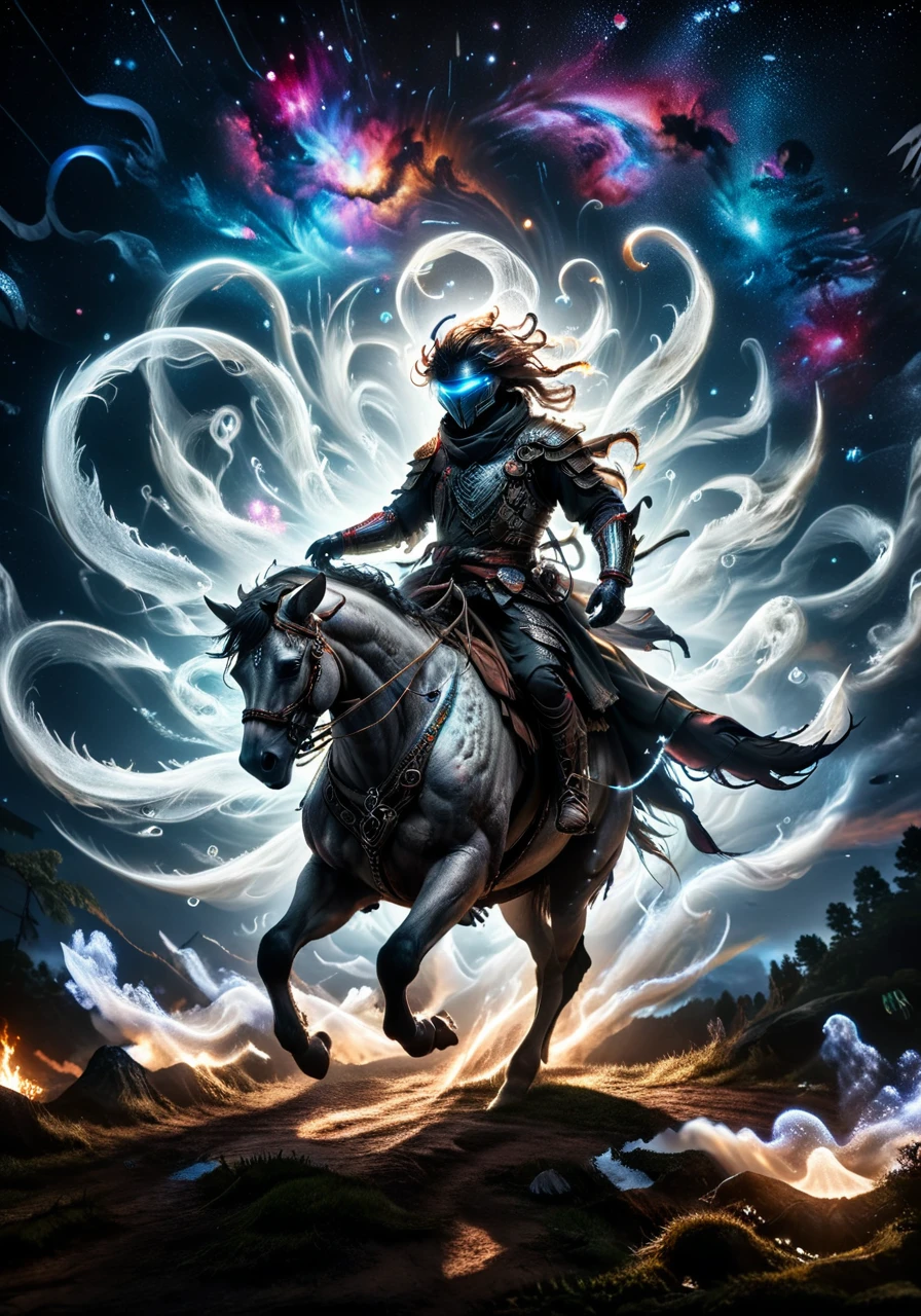 Dark Fantasy Art of macabre, hyper realistic masterpiece photo, spectral steed running though Bifrost in galaxy space, 8k, tonemapped, cinematic, volumetric light, perfect Rembrandt contrast <lora:xl_more_art-full_v1:0.5> <lora:kitsune-sdxl:0.75>, analog photo, dark art by Nicola Samori, by Conor Harrington, by john Wilhelm <lora:ral-exposure-sdxl:1> ral-exposure, dark, moody, dark fantasy style