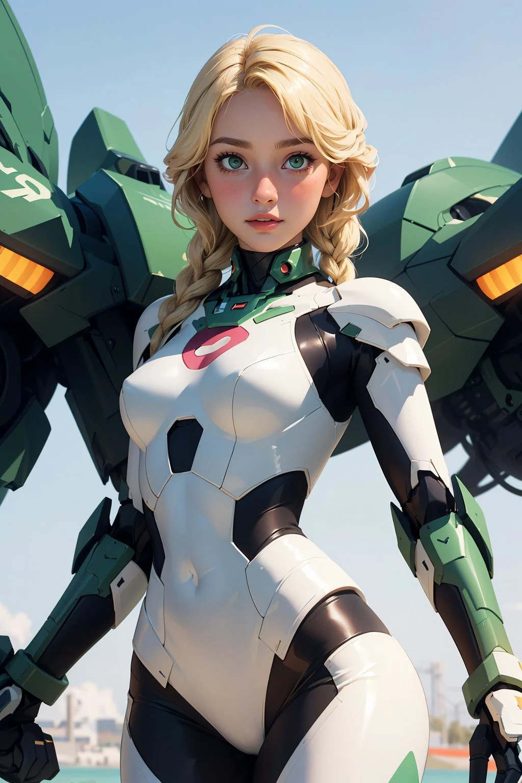 (masterpiece, best quality:1.2), (full shot:1.2), from front, a beautiful young woman, 20 years old, (fit body, oval shaped face), green eyes, lush lips, high cheekbones), (blonde fishtail braid hair:1.2), pale skin, blush, medium breasts, (wearing sexy mecha outfit), standing, dynamic pose, abstract background