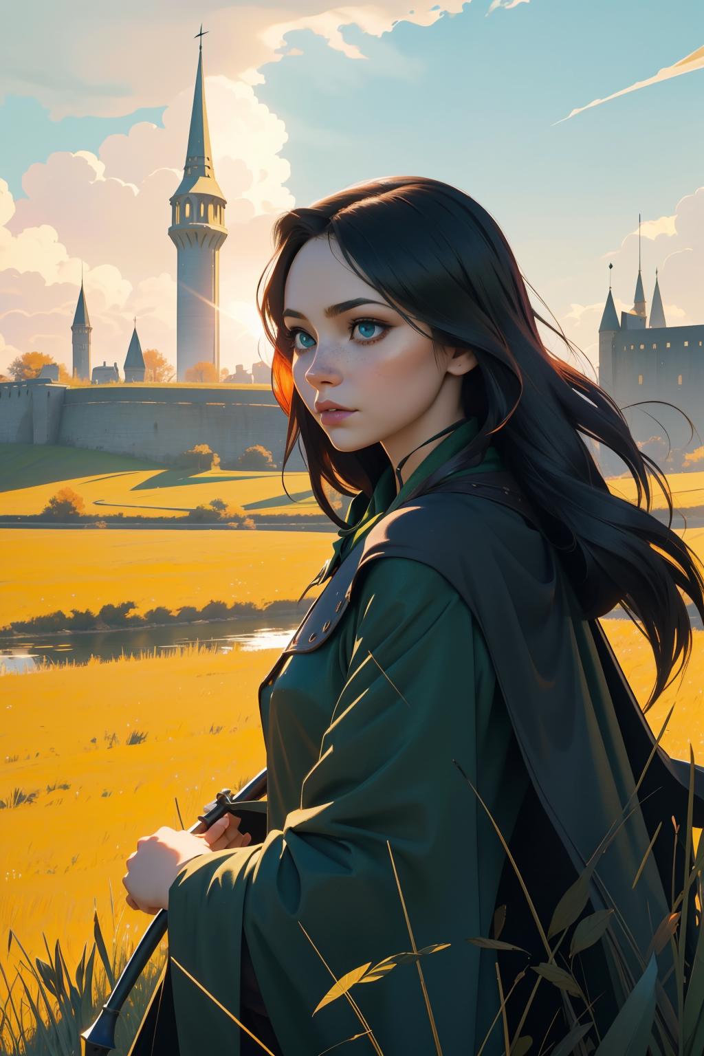 A woman in a green dress standing in front of a castle - SeaArt AI