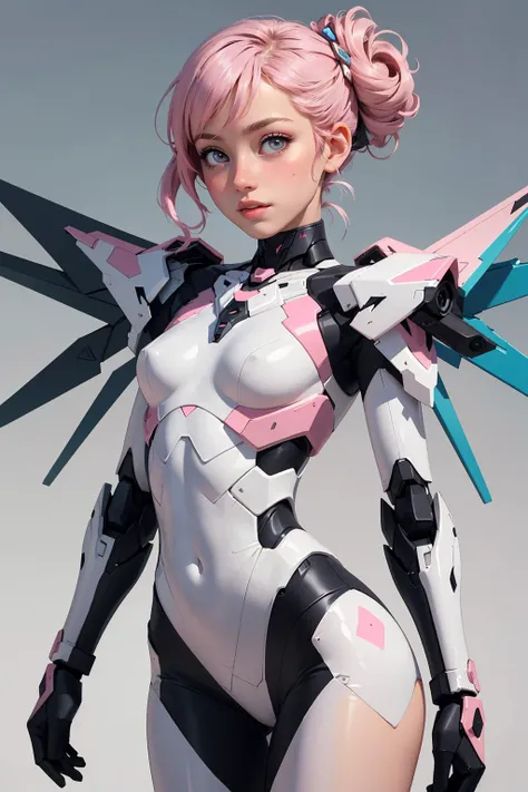 (masterpiece, best quality:1.2), (full shot:1.2), from front, a beautiful young woman, 20 years old, (skinny body, triangleshaped face), grey eyes, lush lips, high cheekbones), (pastel pink Updo hair:1.2), pale skin, blush, tiny breasts, (wearing sexy mecha outfit), standing, dynamic pose, abstract background
