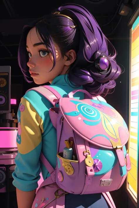 1girl, (monochromatic art stylized by Eve Arnold:0.7) , cozy Color splash, studio Cinematic still, epic Chalk painting, Dieselpunk, insane details, shot from behind of a ([anthropomorphic Fish|Backpack]:1.3) , it is very Bright and Hyperdetailed, centered Psychedelic background, DayGlo purple mountains and Dwarf Planet Eris in background, Bathed in shadows, Sharp and in focus, ultrafine detailed, Sad, (Vibrant theme:0.7) , soft lighting, F/14, Instax, glittering, gilded technique, beautiful, Flickr, cinema