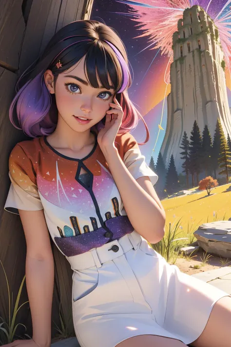 1girl, (angular art by Barbara Takenaga:1.3) and (Kurt Wenner:1.1) , vibrant Digital painting, DayGlo purple outlines, landscape of a Fairy Kei Layered ([The Garden of Eden:The Devil's Tower:2]:1.3) from inside of a Uluru, fall vegetation and reeds, at Twilight, Suffering, decal art, Bloom light, F/5, complementary colors, made of [Hemp:Rattan:15], Vivid details, High quality, trending on CGSociety