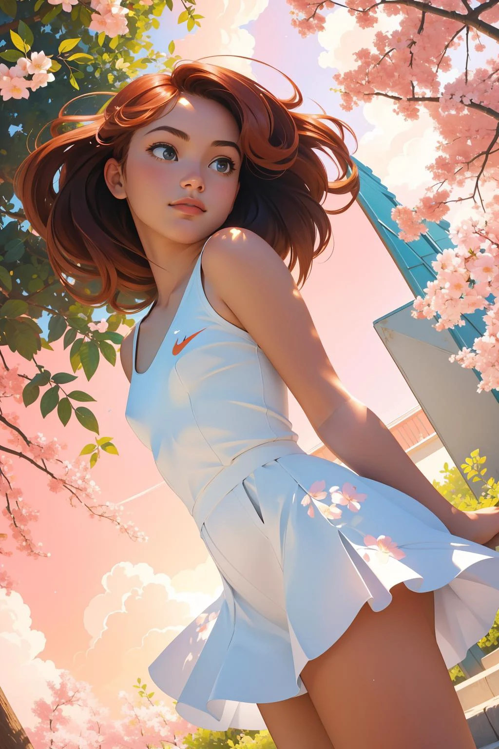 1girl, professional Digital painting, (Peach theme:0.7) , high angle shot of a ("The Power of Nike":1.3) , it is very Mysterious and [Miserable:Supersized:18], summer blossoms and fauna, Stormy weather, split diopter, Contemporary, Happy, Luminism, Harlem Renaissance, Indirect light, Circular polarizer, Ektachrome, Floral motives, Cassiopeia constellation, Flickr, extremely hyper aesthetic, (stylized by Franco Fontana:0.9) , (Ricardo Bofill:0.8) , (Edwin Lord Weeks:1.0)