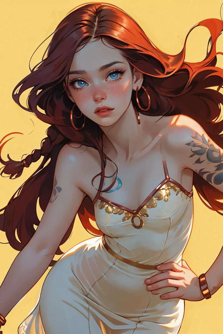 (masterpiece, best quality:1.2), (full shot:1.3), a beautiful woman, hourglass body, square shaped face, blue eyes, lush lips, high cheekbones), (copper red Fishtail braid hair:1.2), pale skin, tattoos, blush, small breasts, thin waist, toned thighs, long legs, (sexy sheer sundress, jewelry:1.3), detailed, light passing through hair, (simple abstract background:1.2), fashion pose, intricate details, cinematic lighting,, depth of field, sharp focus, vibrant colors, realistic lighting, detailed shadows, looking at viewer <lora:g0ld3mb:.7> g0ld3mb, gold, portrait,