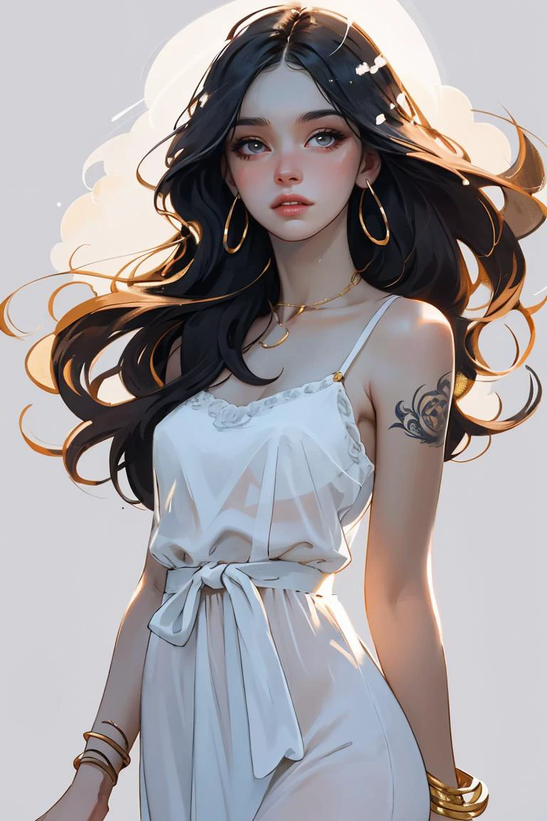 (masterpiece, best quality:1.2), (full shot:1.3), a beautiful woman, hourglass body, rectangle shaped face, grey eyes, lush lips, high cheekbones), (brown long hair:1.2), pale skin, tattoos, blush, huge breasts, thin waist, toned thighs, long legs, (sexy sheer sundress, jewelry:1.3), detailed, light passing through hair, (simple abstract background:1.2), fashion pose, intricate details, cinematic lighting,, depth of field, sharp focus, vibrant colors, realistic lighting, detailed shadows, looking at viewer <lora:g0ld3mb:.7> g0ld3mb, gold, portrait,