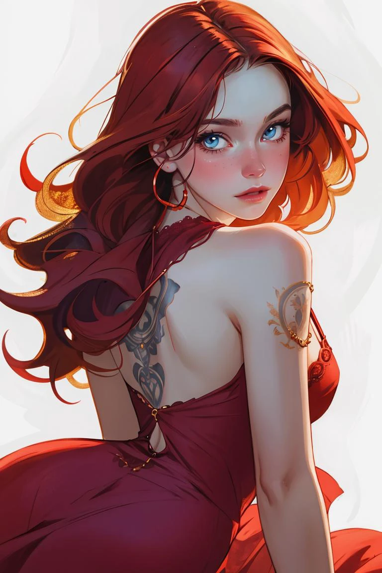 (masterpiece, best quality:1.2), (full shot:1.3), a beautiful woman, tall skinny body, oval shaped face, blue eyes, lush lips, high cheekbones), (copper red Straight hair:1.2), pale skin, tattoos, blush, large breasts, thin waist, toned thighs, long legs, (sexy sheer sundress, jewelry:1.3), detailed, light passing through hair, (simple abstract background:1.2), fashion pose, intricate details, cinematic lighting,, depth of field, sharp focus, vibrant colors, realistic lighting, detailed shadows, looking at viewer <lora:g0ld3mb:.7> g0ld3mb, gold, portrait,