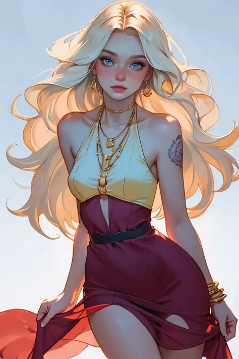 (masterpiece, best quality:1.2), (full shot:1.3), a beautiful woman, petite body, oval shaped face, blue eyes, lush lips, high cheekbones), (blonde fishtail braid hair:1.2), pale skin, tattoos, blush, huge breasts, thin waist, toned thighs, long legs, (sexy sheer sundress, jewelry:1.3), detailed, light passing through hair, (simple abstract background:1.2), dynamic model pose, intricate details, cinematic lighting,, depth of field, sharp focus, vibrant colors, realistic lighting, detailed shadows, looking at viewer <lora:g0ld3mb:.7> g0ld3mb, gold, portrait,