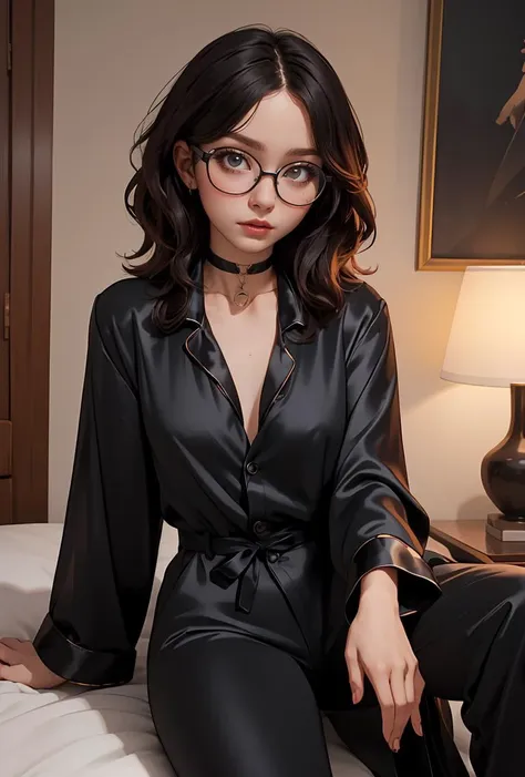 (masterpiece, best quality), 1girl, messy hair, choker, black silk pajamas, see-through, glasses,