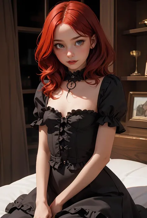 (masterpiece, best quality), 1girl, red hair, medium chest, gothic frill dress, pervert face,