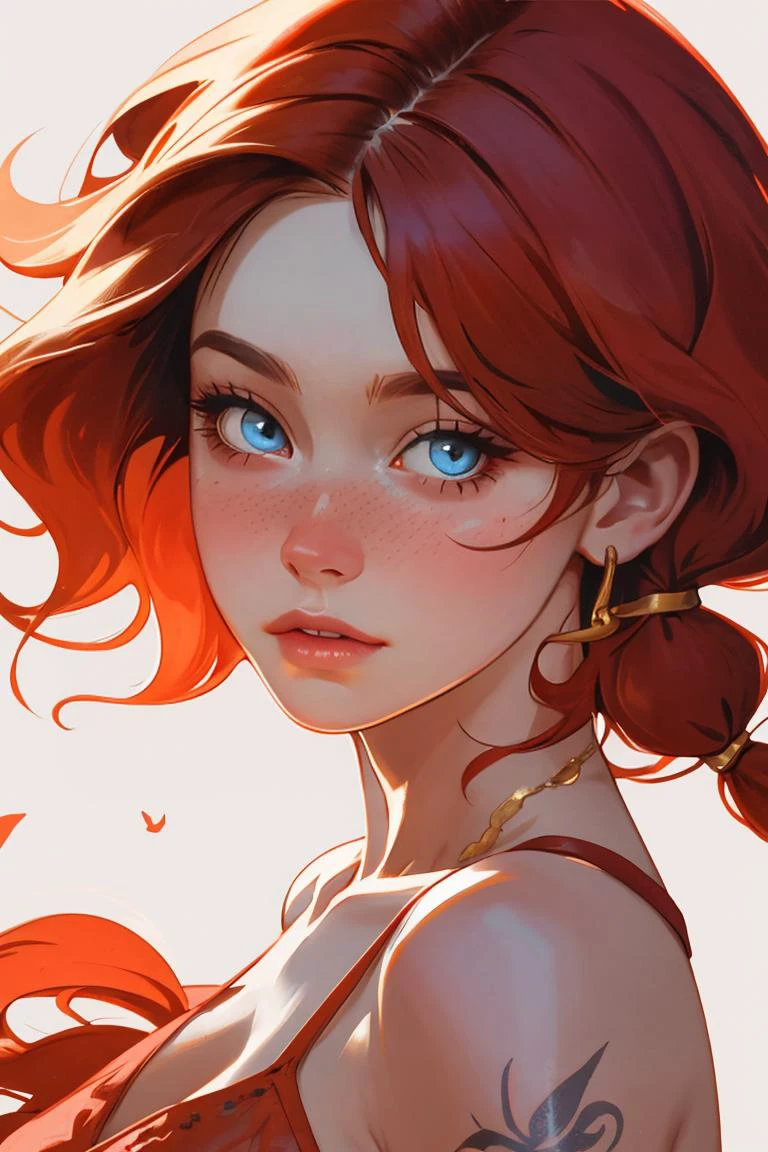 (masterpiece, best quality:1.2), (full shot:1.3), a beautiful woman, fit body, round shaped face, blue eyes, lush lips, high cheekbones), (copper red pigtails hair:1.2), pale skin, tattoos, blush, large breasts, thin waist, toned thighs, long legs, (sexy sheer sundress, jewelry:1.3), detailed, light passing through hair, (simple abstract background:1.2), dynamic model pose, intricate details, cinematic lighting,, depth of field, sharp focus, vibrant colors, realistic lighting, detailed shadows, looking at viewer <lora:g0ld3mb:.7> g0ld3mb, gold, portrait,