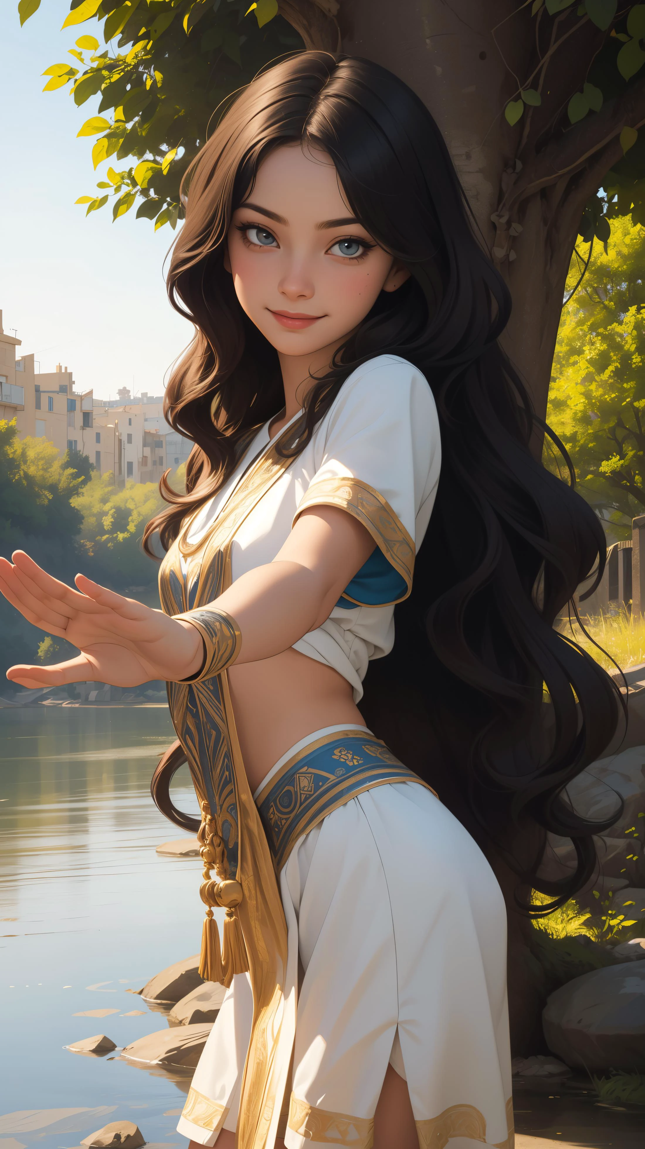 young girl, vivid, colorful, (Damascus:1.2) , Ancient Warrior, very beautiful, beautiful face, Ancient city, Assyrian clothing ,
open arms, Arms open on both sides,
petite body , river and trees, (Large head:1.2), long wavy hair, facing viewer, eyes shadow, eyeliner, standing facing viewer, incredibly detailed, smirk, 8K quality, natural volumetric lighting