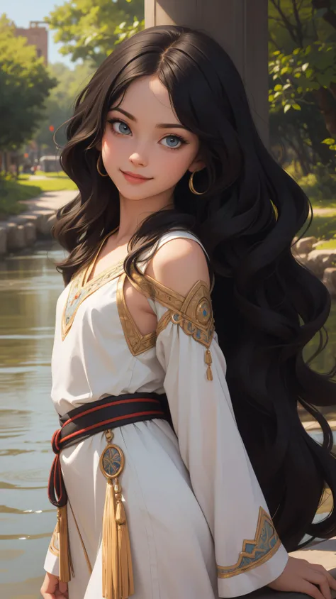 young girl, vivid, colorful, (Damascus:1.2) , Ancient Warrior, very beautiful, beautiful face, Ancient city, Assyrian clothing,Over the Shoulder pose,
(petite body :1.6), river and trees, (very large head:1.2), long wavy hair, facing viewer,eyes shadow, eyeliner, standing facing viewer, incredibly detailed, smirk, 8K quality, natural volumetric lighting