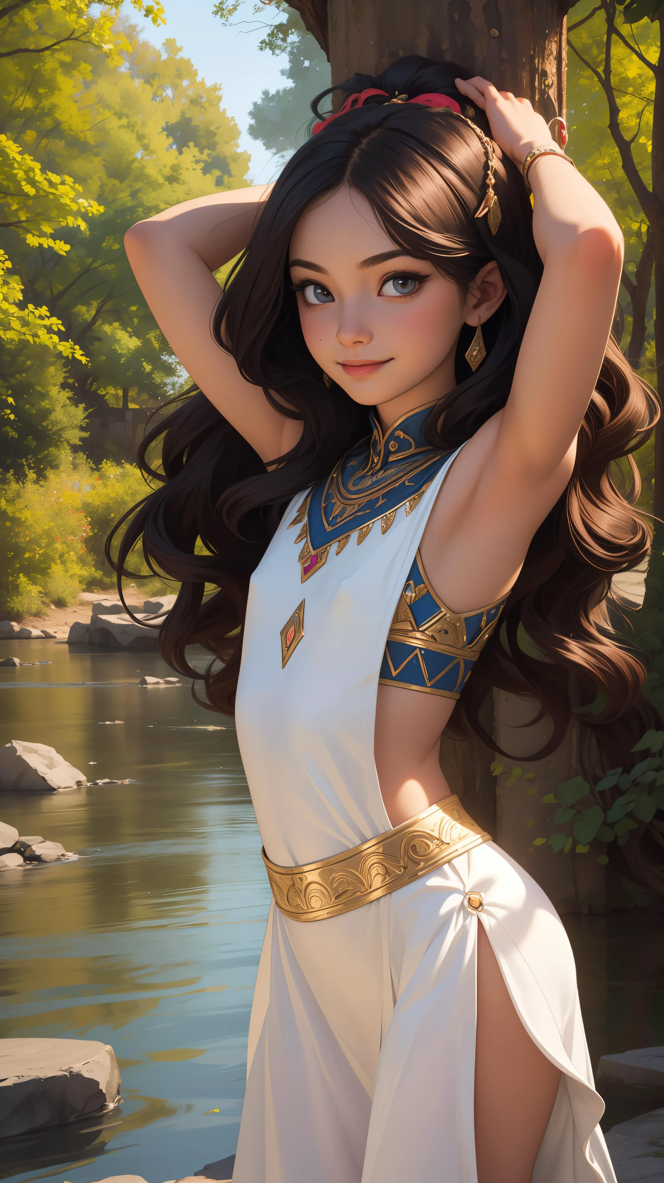 young girl, vivid, colorful, (Damascus:1.2) , Ancient Warrior, very beautiful, beautiful face, Ancient city, Assyrian clothing ,
open arms, Arms open on both sides,
petite body , river and trees, (Large head:1.2), long wavy hair, facing viewer, eyes shadow, eyeliner, standing facing viewer, incredibly detailed, smirk, 8K quality, natural volumetric lighting