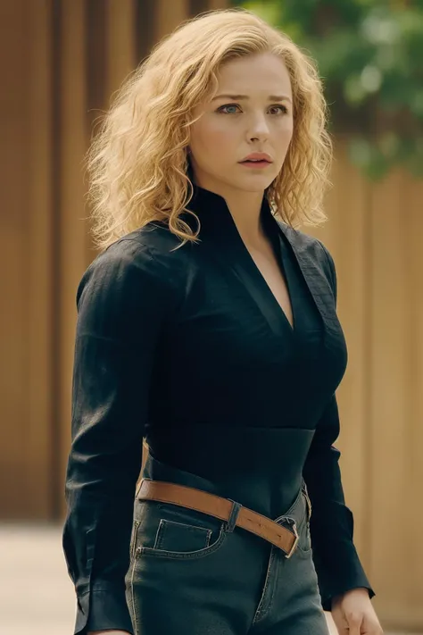1girl,flynne fisher,masterpiece,realistic,cowboy shot, <lora:flynne_fisher:0.6>,balck v-neck shirt,front view, wavy hair,