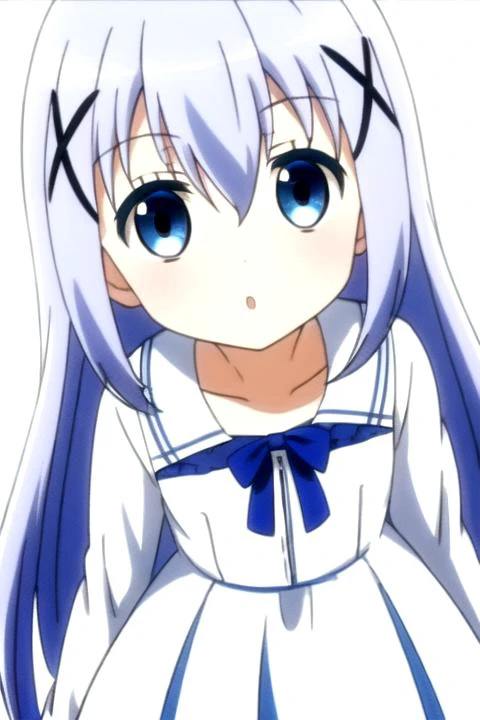 1girl,<lora:ChinoKafuu:0.7>,long hair,blue hair,hair between eyes,hair ornament,x hair ornament,blue eyes,hairclip,light blue hair,bangs,(full_shot:1.4),standing,white background,(white:1.5,dress),