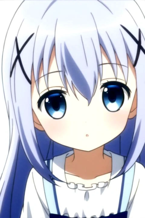 1girl,<lora:ChinoKafuu:0.7>,long hair,blue hair,hair between eyes,hair ornament,x hair ornament,blue eyes,hairclip,light blue hair,bangs,(full_shot:1.4),(white:1.5,dress),simple_background,wariza,